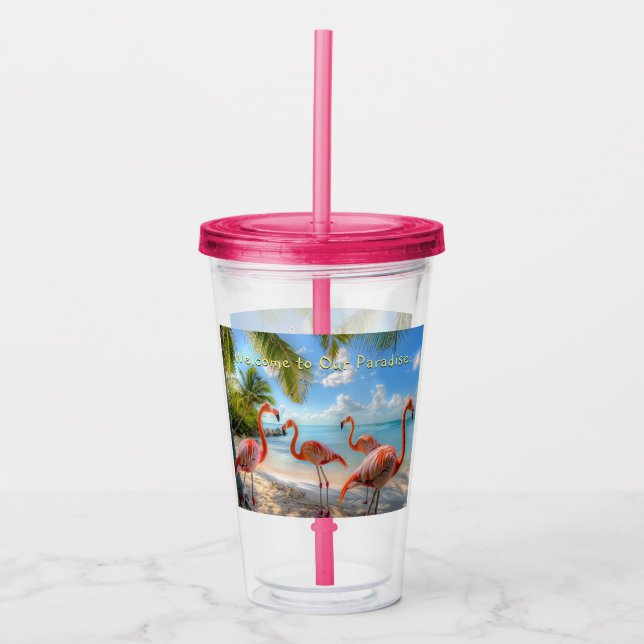  Pink Flamingos Palm Trees Ocean Beach Acrylic Tumbler (Front)