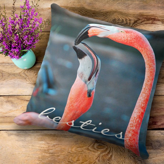 Pink Flamingos Photo Besties Script Bold Modern Cushion (Creator Uploaded)