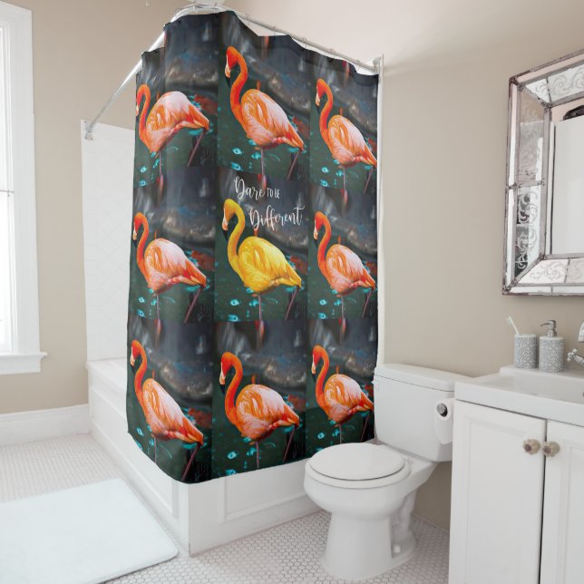 Pink Flamingos Photo Dare to be Different Script Shower Curtain (In Situ)