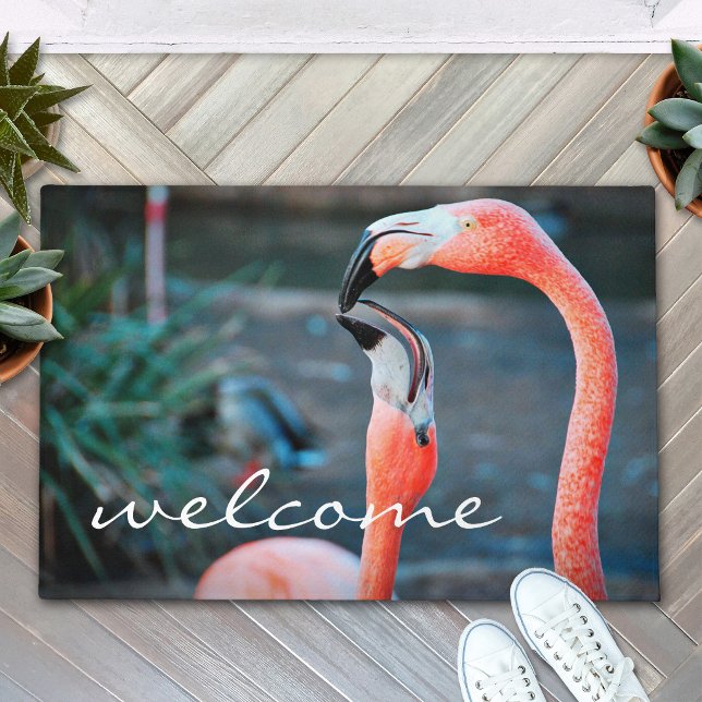 Pink Flamingos Photo Welcome Script Modern Stylish Doormat (Creator Uploaded)