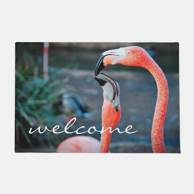 Pink Flamingos Photo Welcome Script Modern Stylish Doormat (Front)