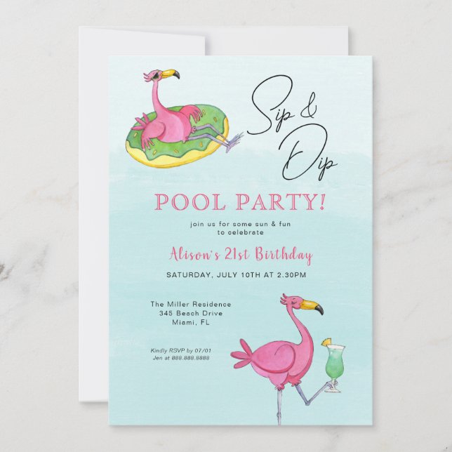 Pink Flamingos Pool Birthday party Invitation (Front)