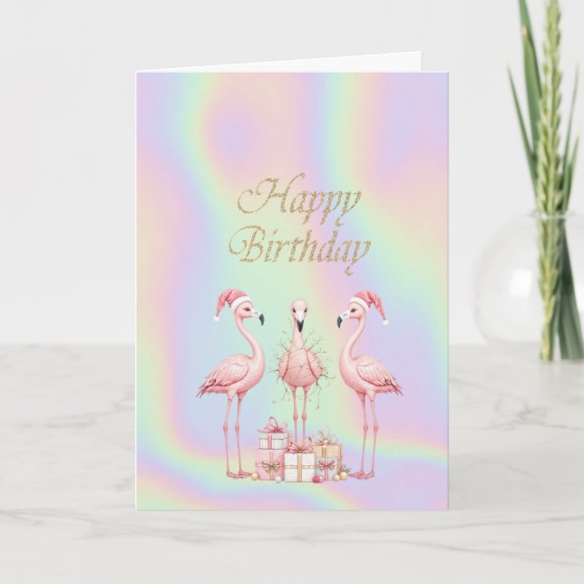  Pink Flamingos Santa Hat Holographic Birthday  Card (Front)