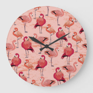Pink Flamingos: Seamless Tropical Pattern Large Clock