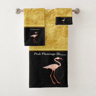 Pink Flamingos standing gold foil texture 1 Bath Towel Set