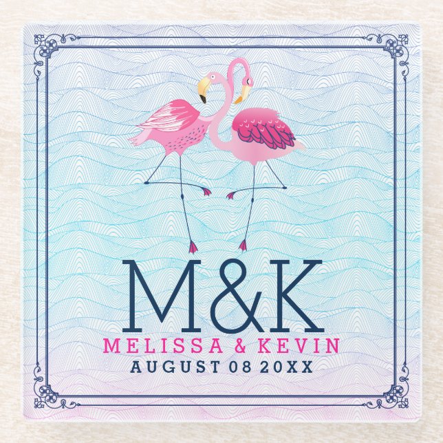 Pink Flamingos & Stylised Beach Water-Waves Glass Coaster (Front)