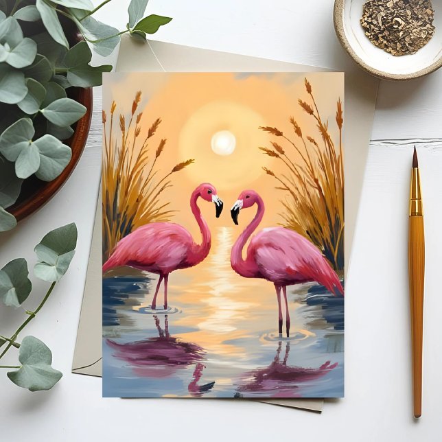 Pink Flamingos Sunset Animal Painting Postcard (Creator Uploaded)