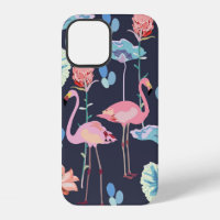 Pink flamingos surrounded by lotus flowers and pro