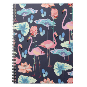 Pink flamingos surrounded by lotus flowers and pro notebook