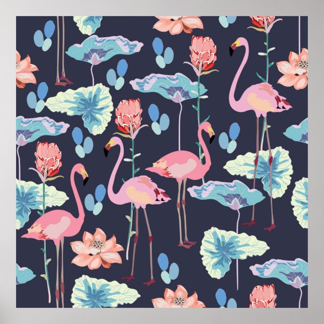 Pink flamingos surrounded by lotus flowers and pro poster (Front)