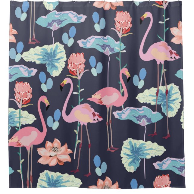 Pink flamingos surrounded by lotus flowers and pro shower curtain (Front)