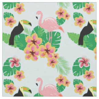 Pink Flamingos, Toucans, Tropical Flowers Fabric