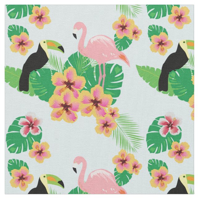 Pink Flamingos, Toucans, Tropical Flowers Fabric (Close Up)