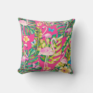 Pink Flamingos Tropical Botanical Butterfly Garden Cushion