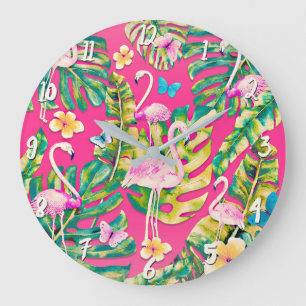 Pink Flamingos Tropical Botanical Butterfly Garden Large Clock