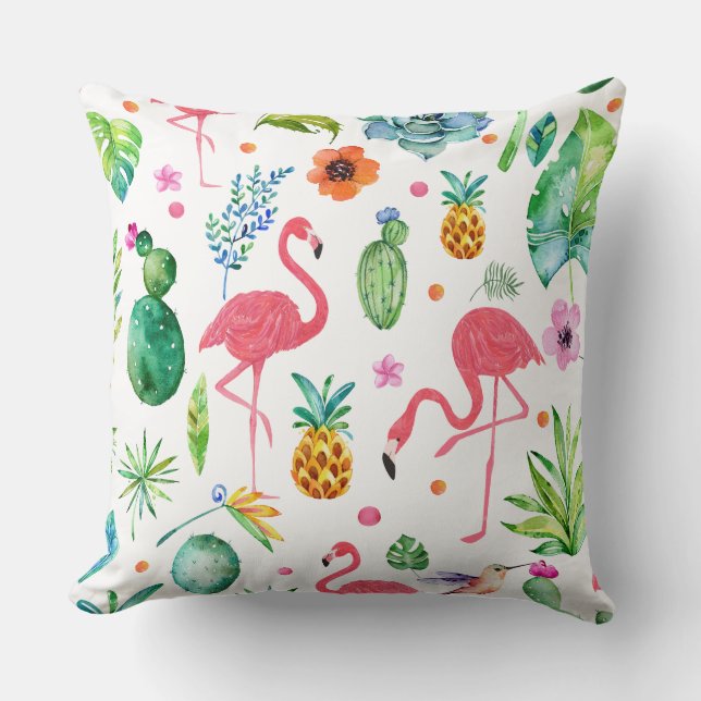 Pink Flamingos & Tropical Cactus Pattern Cushion (Front)