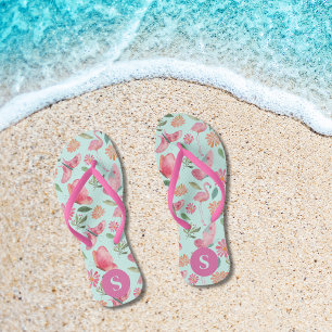 Pink Flamingos Tropical Floral Pattern Monogrammed Thongs