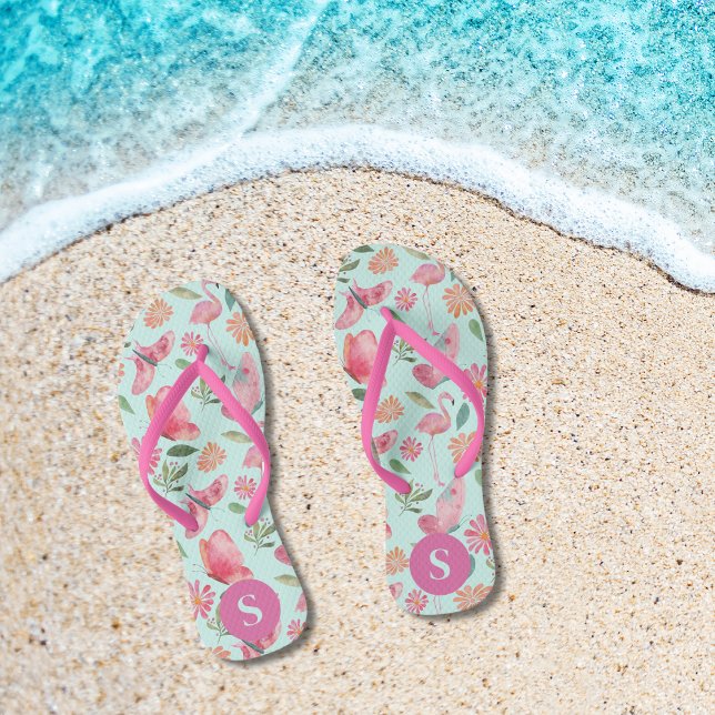 Pink Flamingos Tropical Floral Pattern Monogrammed Thongs (Creator Uploaded)