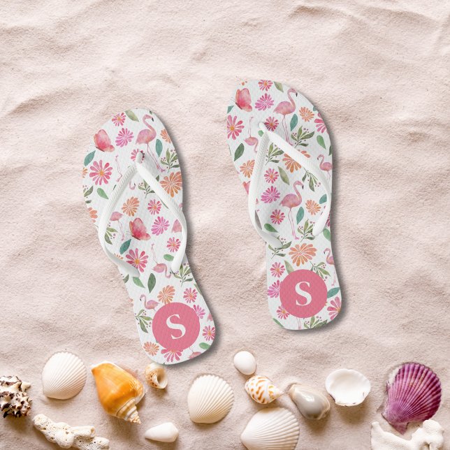 Pink Flamingos Tropical Floral Pattern Monogrammed Thongs (Creator Uploaded)