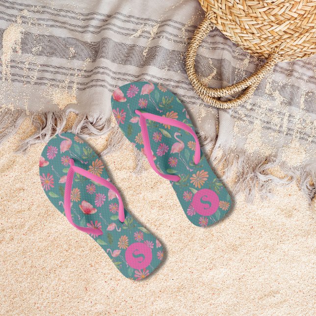 Pink Flamingos Tropical Floral Pattern Monogrammed Thongs (Creator Uploaded)