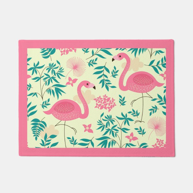 Pink Flamingos & Tropical Flowers Doormat (Front)