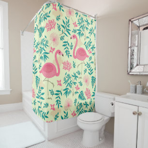 Pink Flamingos & Tropical Flowers Pattern Shower Curtain