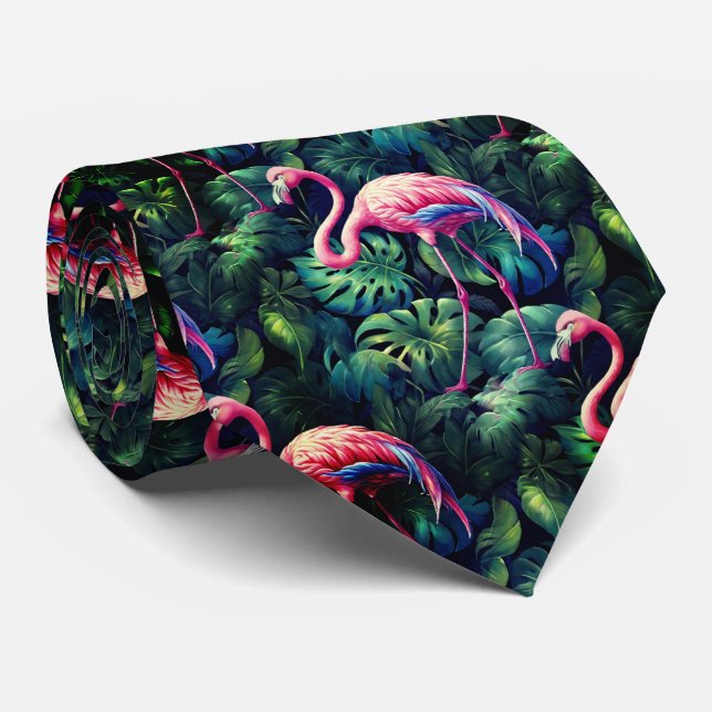 Pink Flamingos Tropical Jungle Pattern Tie (Rolled)
