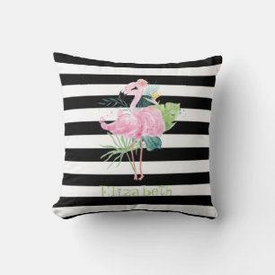 Pink Flamingos,Tropical Leaves Black Stripes Cushion