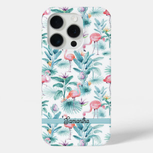 Pink flamingos tropical leaves pattern iPhone 15 pro case