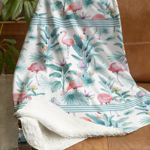 Pink flamingos tropical leaves pattern fleece blanket