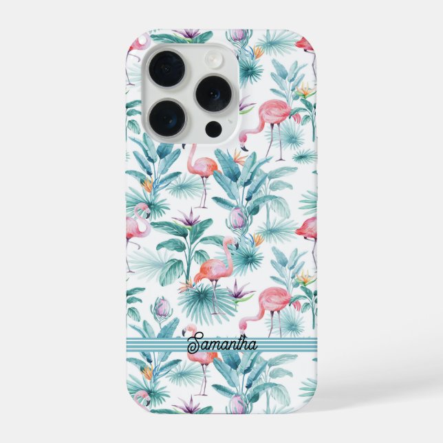 Pink flamingos tropical leaves pattern iPhone case (Back)