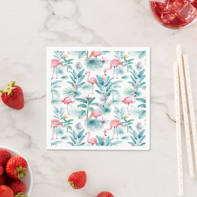 Pink flamingos tropical leaves pattern napkin (Insitu)