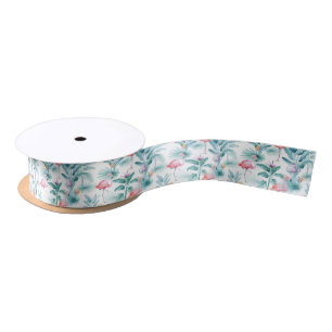 Pink flamingos tropical leaves pattern satin ribbon