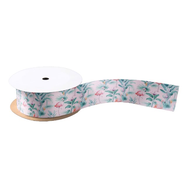 Pink flamingos tropical leaves pattern satin ribbon (Spool)