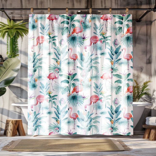 Pink flamingos tropical leaves pattern shower curtain (Creator Uploaded)