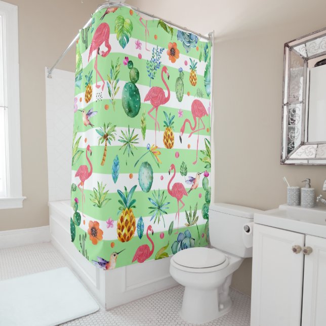Pink Flamingos & Tropical Melody Pattern Shower Curtain (In Situ)