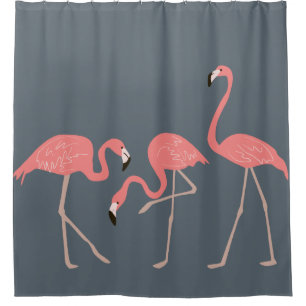 Pink Flamingos Tropical On Grey Background Shower Curtain