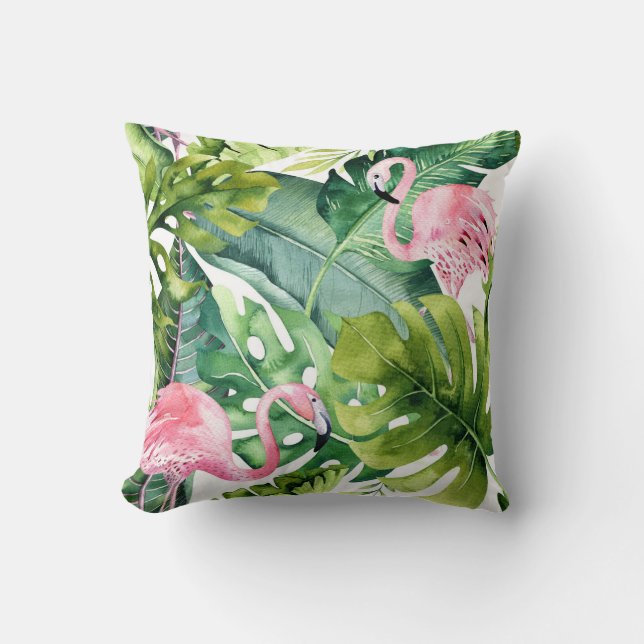 Pink Flamingos & Tropical Palm Leaves Cushion (Front)