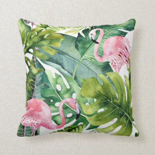 Pink Flamingos & Tropical Palm Leaves Cushion