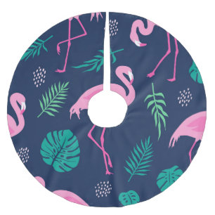 Pink flamingos, tropical palms, hand-drawn seamles brushed polyester tree skirt