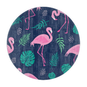 Pink flamingos, tropical palms, hand-drawn seamles cutting board