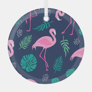 Pink flamingos, tropical palms, hand-drawn seamles glass tree decoration
