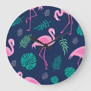 Pink flamingos, tropical palms, hand-drawn seamles large clock