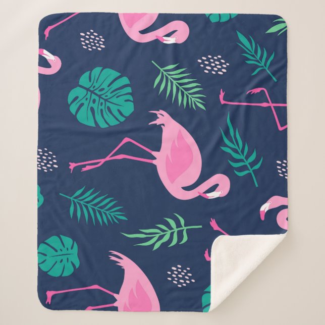 Pink flamingos, tropical palms, hand-drawn seamles sherpa blanket (Front)