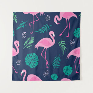 Pink flamingos, tropical palms, hand-drawn seamles tapestry