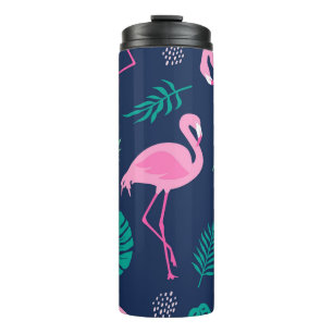 Pink flamingos, tropical palms, hand-drawn seamles thermal tumbler