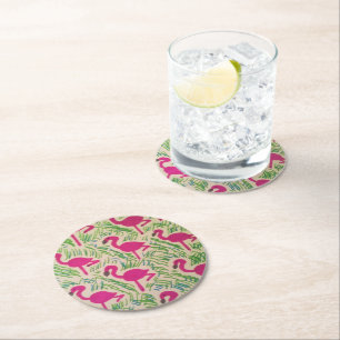 Pink Flamingos Tropical Pattern Round Paper Coaster