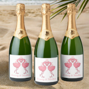 Pink Flamingos Tropical Summer Beach Wedding Sparkling Wine Label