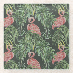 Pink flamingos, tropical vintage pattern. glass coaster