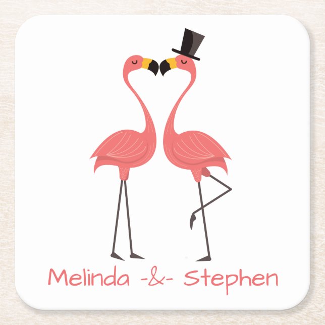 Pink Flamingos Tropical Wedding, Party, Luau Square Paper Coaster (Front)